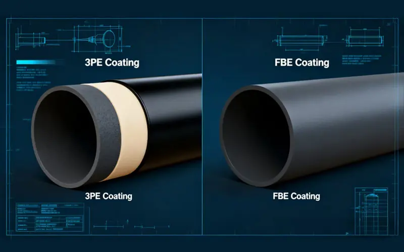 A comparison image showing the visual difference between 3PE coating, with three distinct layers for corrosion protection, and the single-layer FBE coating on steel pipes.-banner