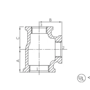 malleable cast iron reducing tee (equal minor run and branch)