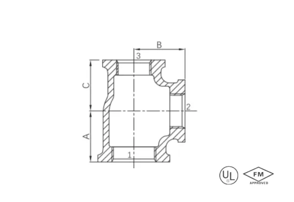 malleable cast iron reducing tee (equal minor run and branch)