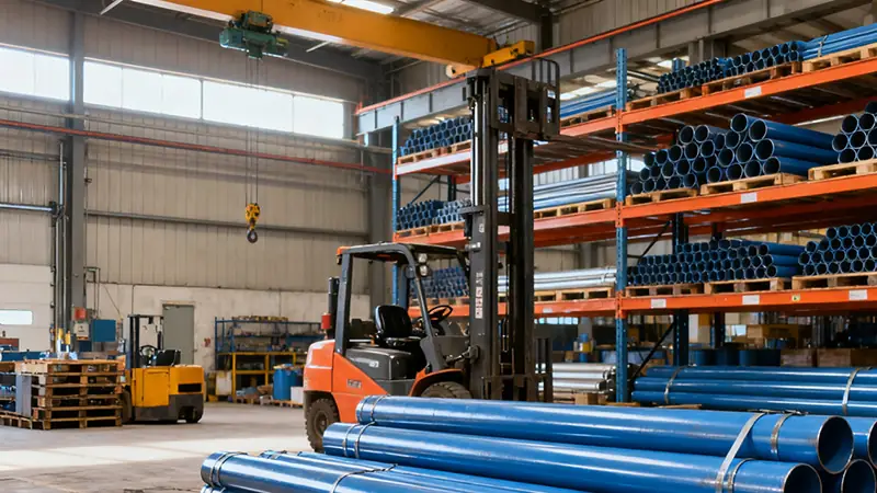 A forklift handling bundles of blue, 3LPE coated steel pipes that are compliant with the DIN 30670 standard, inside a well-organized warehouse.