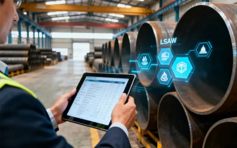 An engineer in a warehouse uses a tablet for quality control inspection of large LSAW steel pipes, with a digital technology overlay.