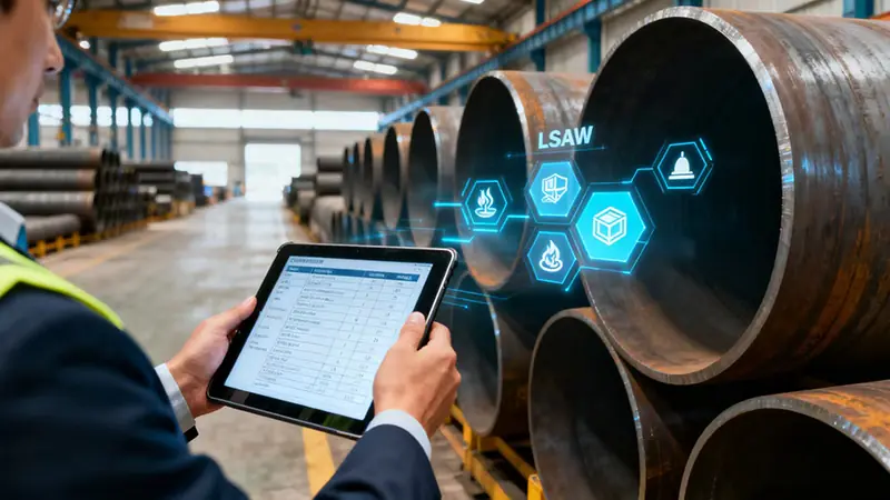 engineer inspecting lsaw steel pipes with tablet