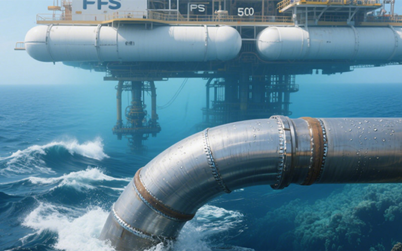 An Allland Pipe offshore floating pipeline emerging from rough ocean waves, connecting to a distant floating oil and gas production platform under a clear sky.