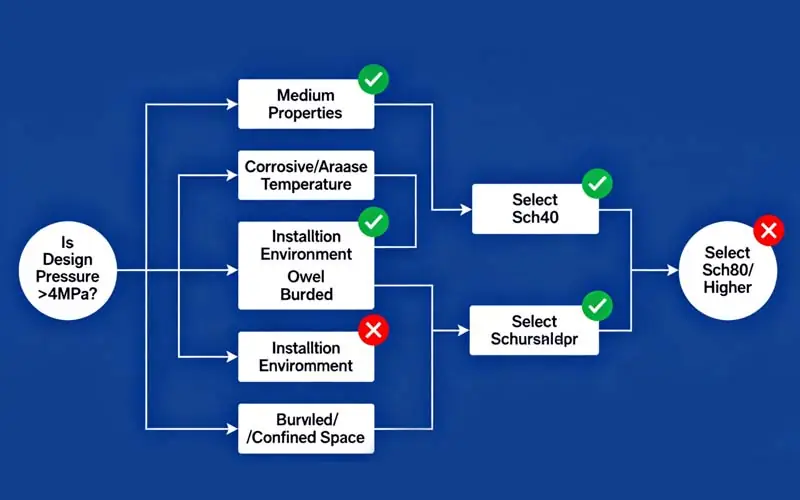 A flowchart guiding the selection between Sch 40 and Sch 80 pipe based on key criteria like design pressure, medium properties, and installation environment.-banner