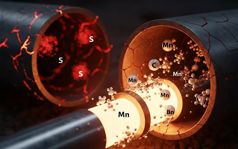 A conceptual image of steel pipe's chemical composition, showing beneficial elements like Carbon (C) and Manganese (Mn) creating a strong pipe, while Sulfur (S) impurities cause cracks.- banner