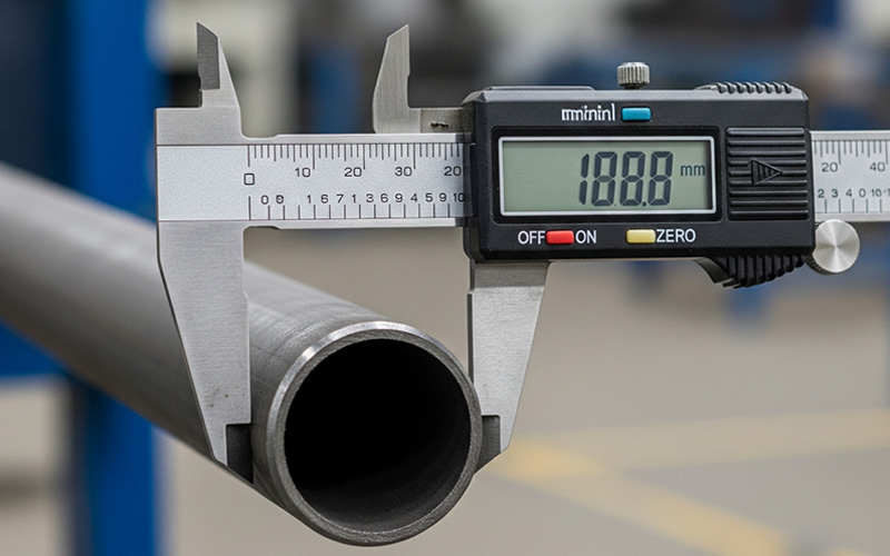 A close-up of a digital caliper precisely measuring the Outer Diameter (OD) of an Allland steel pipe, highlighting the exact physical dimension crucial for procurement.