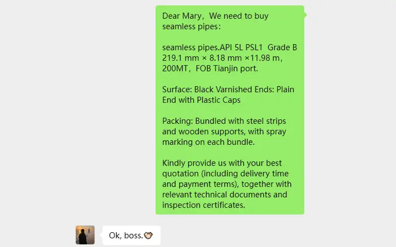 A chat screenshot showing a perfect example of a clear and complete inquiry for seamless steel pipes, including all necessary details for a fast quotation.-banner