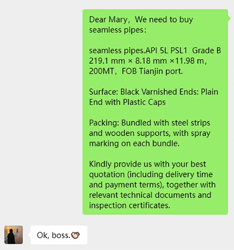 steel pipe quotation inquiry example