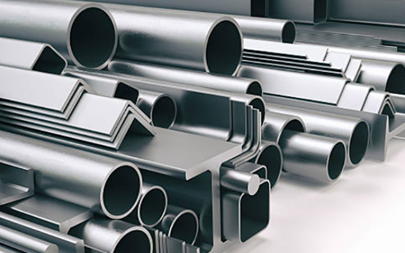 A stack of various steel products including round pipes, square and rectangular hollow sections, and angle bars, commonly used in construction and industrial applications.-1