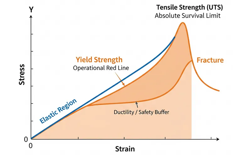 A diagram of the stress-strain curve for steel, clearly labeling yield strength, tensile strength, and the crucial ductility safety buffer between them.-banner