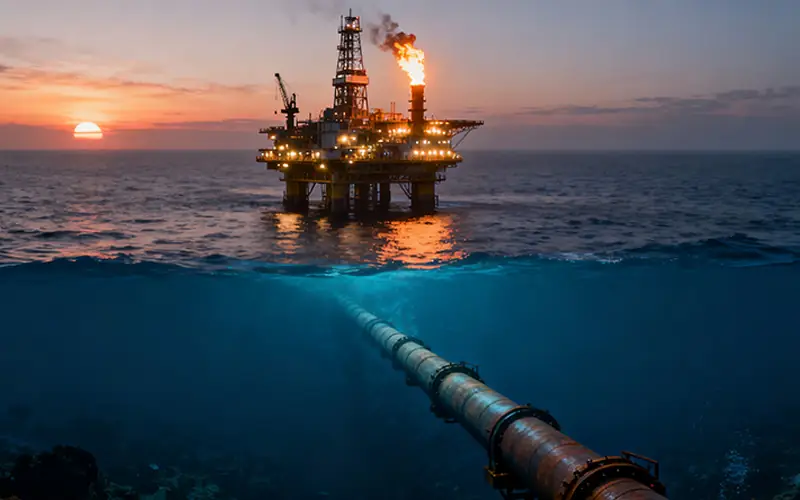 Offshore oil platform (API 2B structure) with its connecting subsea pipeline (API 5L line pipe) visible below the water.-banner