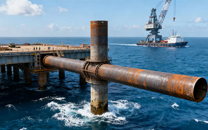 A large ASTM A252 steel pipe pile being installed as a foundation for an offshore platform, with a construction vessel in the background.-banner