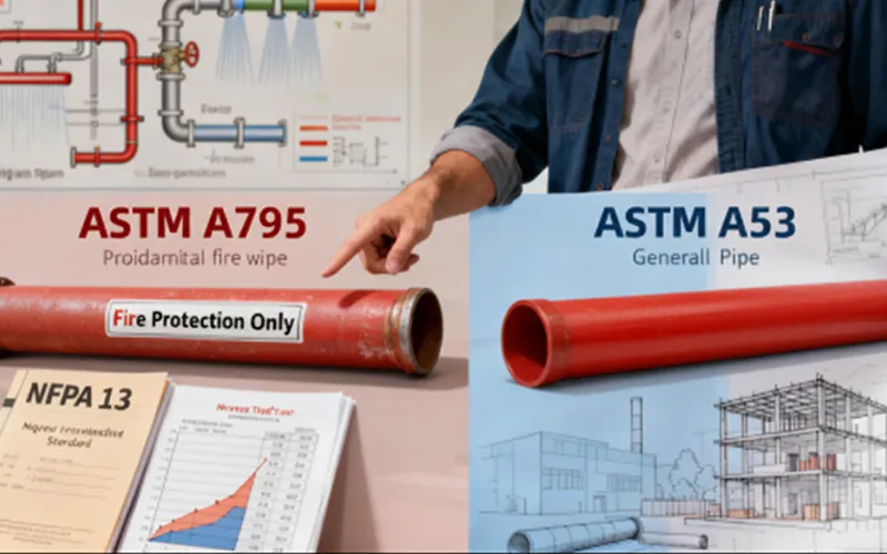 An engineer compares an ASTM A795 pipe, marked 'Fire Protection Only', with a general-purpose ASTM A53 pipe for sprinklers.-banner