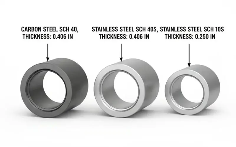 A comparison graphic showing SCH 40 and SCH 40S pipe have identical 0.406 in wall thickness, unlike the thinner SCH 10S.-banner