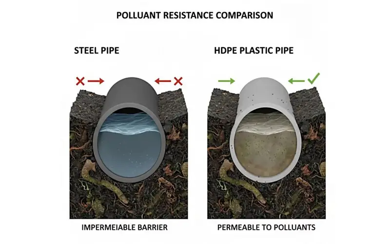 Infographic comparing steel pipe (impermeable barrier) to HDPE pipe (permeable to pollutants) in contaminated soil.-banner