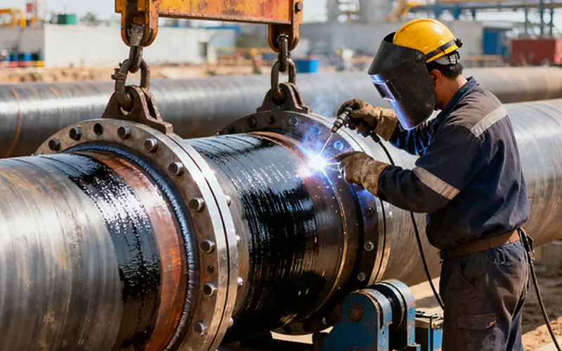 A welder working on the joint of a large SSAW steel pipeline at a construction site, ensuring quality connections-banner