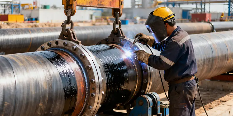welder working on ssaw pipeline installation.