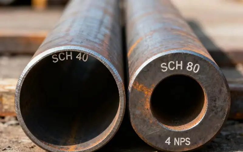 Two industrial steel pipes with rust stains, SCH 40 on the left and SCH 80 (4 NPS) on the right, showing different wall thickness differences.-banner