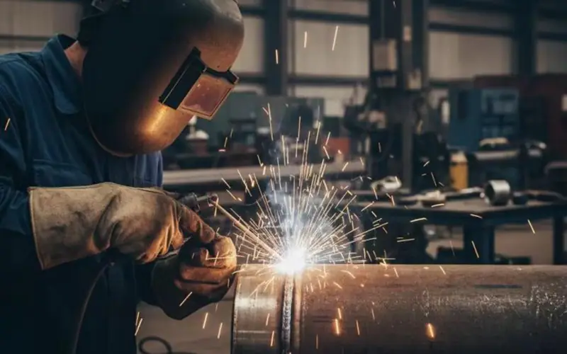 A skilled welder performs arc welding on a low carbon steel pipe in an industrial setting, highlighting its excellent weldability. -banner