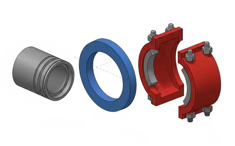 An exploded-view diagram of a grooved pipe coupling system, showing the grooved pipe end, the gasket, and the bolted coupling housing.-banner