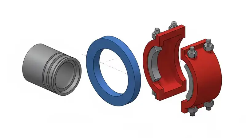 exploded view grooved pipe coupling system.