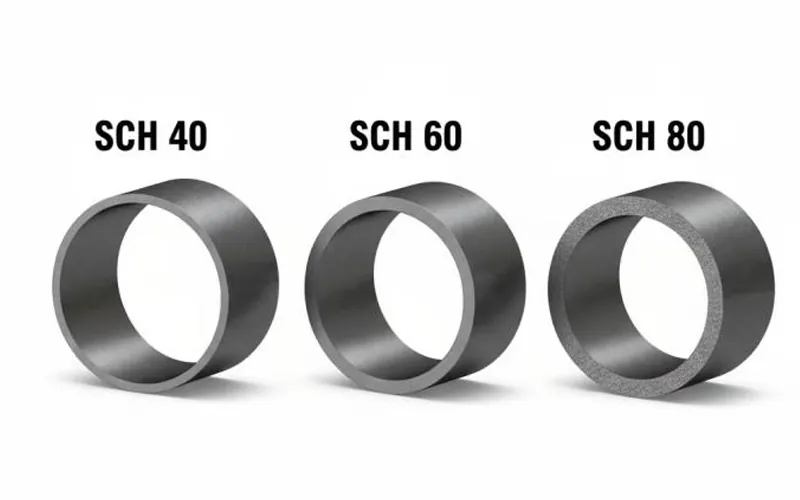 A comparison graphic showing the progressive wall thickness difference between SCH 40, SCH 60, and SCH 80 steel pipe.