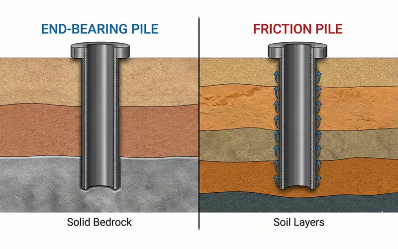 Engineering cross-section comparing load transfer mechanisms: an End-Bearing pile resting on bedrock vs. a Friction pile in soil.-banner