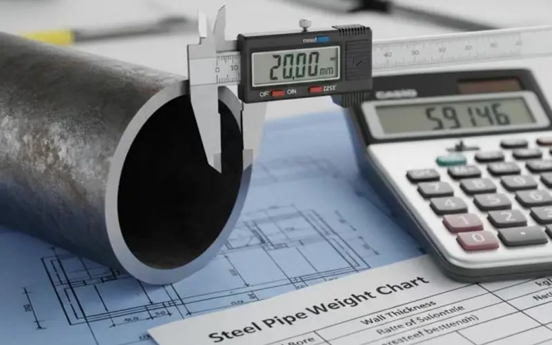 A steel pipe's 20.00mm wall being measured, illustrating the steel pipe weight calculation formula with a chart and calculator-banner