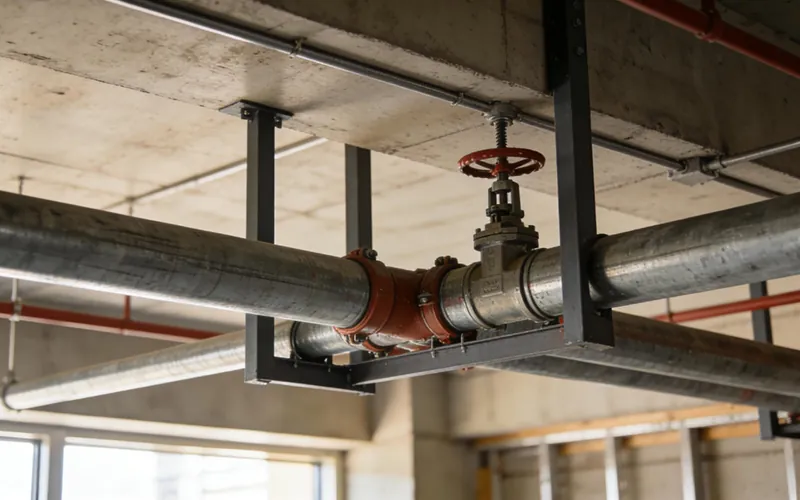 The metal fire pipes below the ceiling in construction projects are equipped with red handwheel valves and brackets for fixation. There are red connectors between the pipes, presenting an industrial facility installation scene-banner