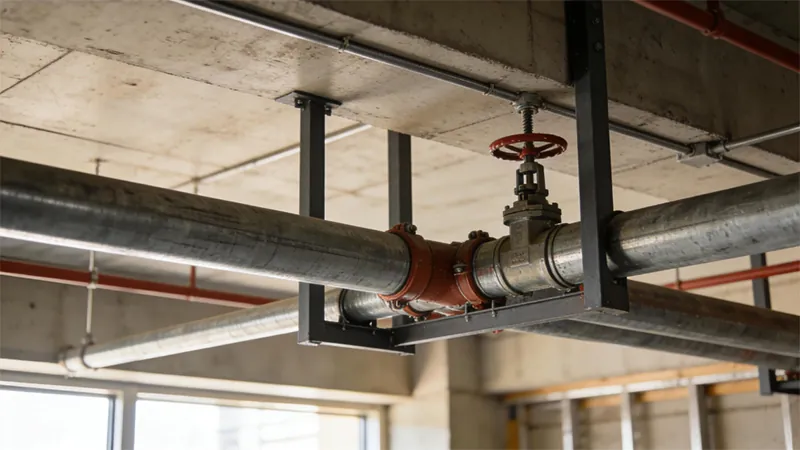fire pipes and valve devices under the indoor ceiling of buildings