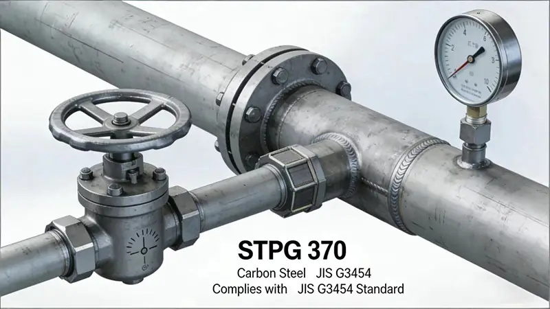 industrial carbon steel piping system (stpg 370, jis g3454), including gate valves, flanged fittings, and pressure gauges for fluid transportation.