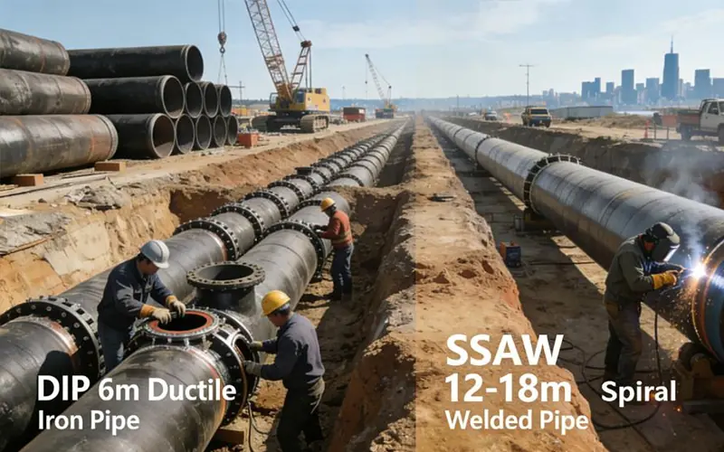 Workers installing ductile iron pipes and SSAW spiral welded pipes at a construction site.-banner