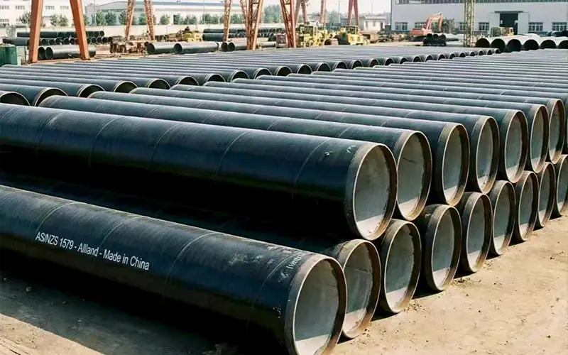 Large inventory of AS/NZS 1579 compliant DN1200 SSAW steel water pipes with cement mortar lining and black external coating, manufactured by Allland in China.-banner