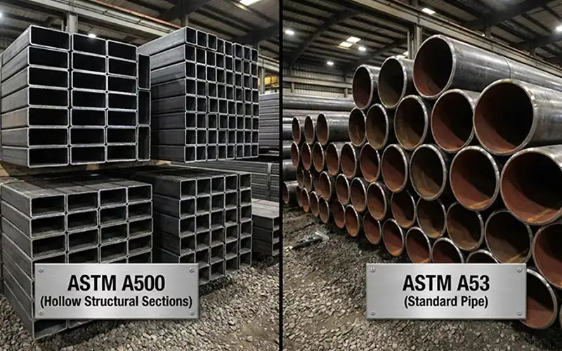 Comparison of ASTM A500 square hollow structural steel column used in building construction versus ASTM A53 carbon steel pressure pipe used for fluid transport-banner