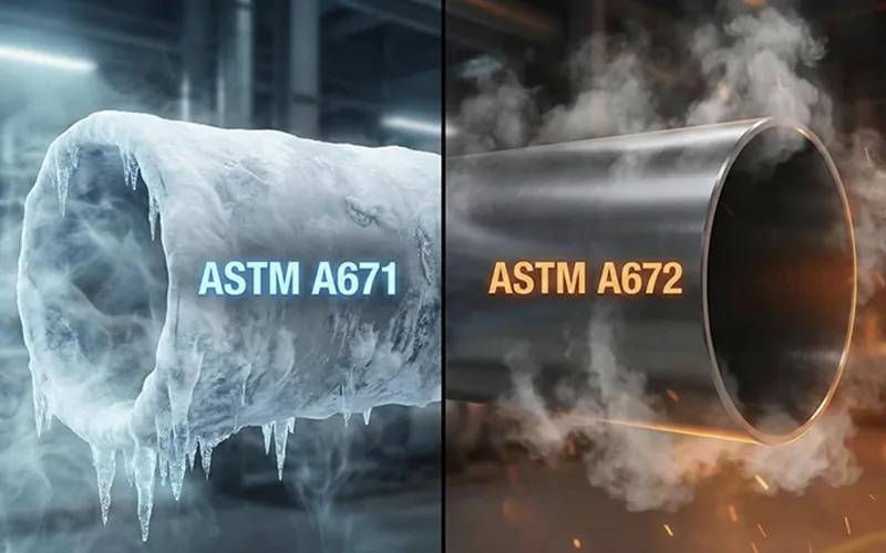 comparing a frosted, icy steel pipe (ASTM A671) on the left versus a steaming, hot steel pipe (ASTM A672) on the right.-banner