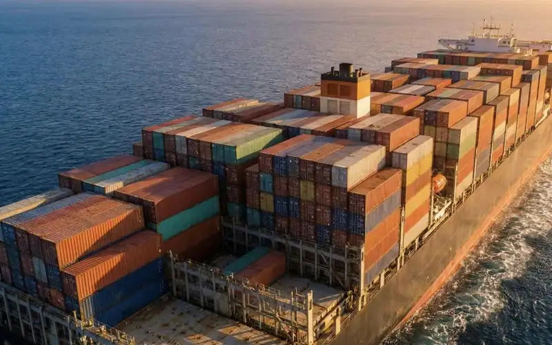 A massive container ship at sea, representing global steel pipe ocean freight logistics and international shipping.-banner