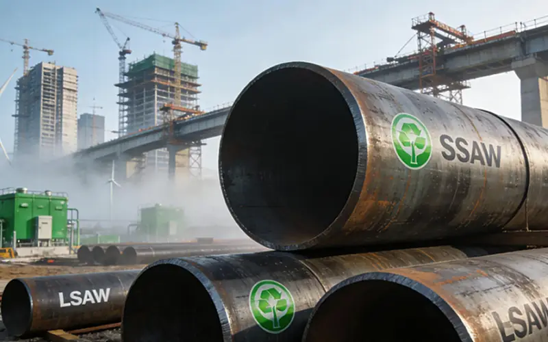 A pile of SSAW/LSAW steel pipes at a construction site (with environmental protection labels, crane in the background)-banner