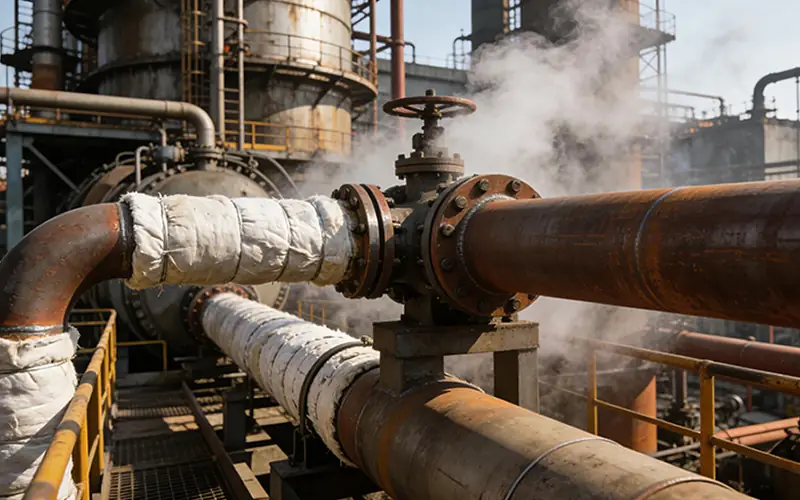 Alloy steel pipes with insulation and valve at refinery with steam-banner