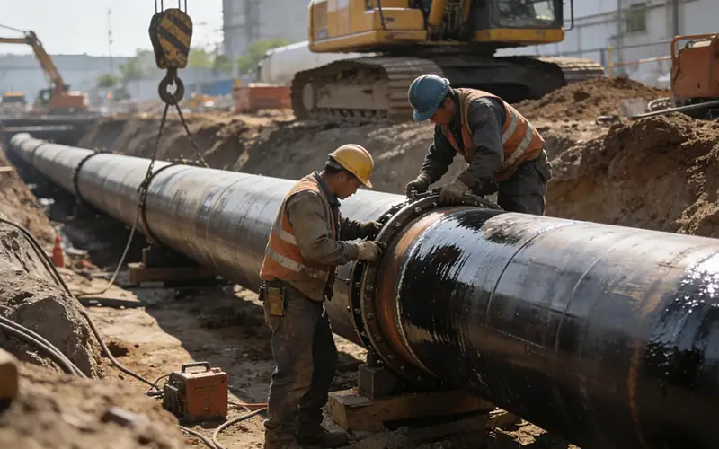 Construction workers installing large diameter AWWA C200 carbon steel drinking water pipelines with external anti-corrosion coating in a municipal trench.-banner