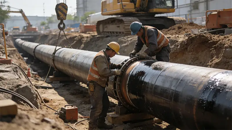 awwa c200 large diameter steel water pipe installation site.