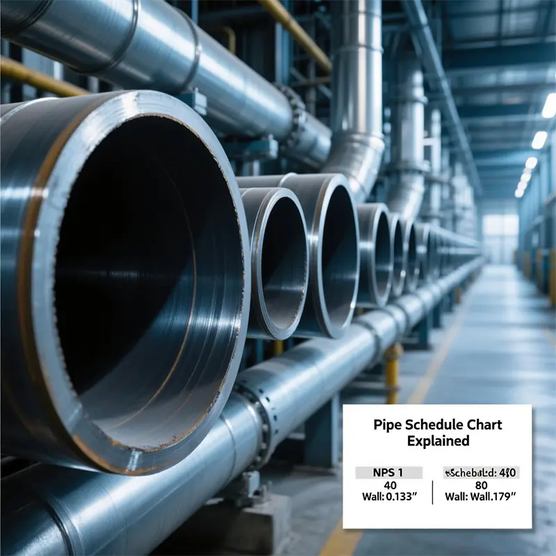 steel pipe schedule 40 vs schedule 80 wall thickness comparison industrial plant realistic photography.