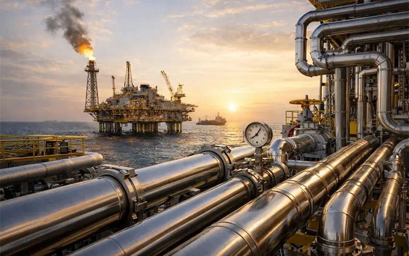 316 stainless steel pipes installed on an offshore oil and gas platform for transporting crude oil and natural gas-banner