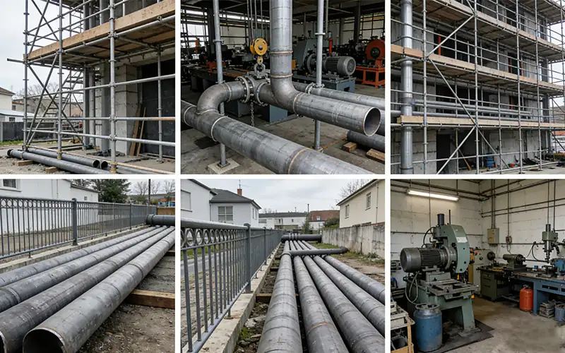 carbon steel pipe stack, industrial background, realistic photography, metallic texture, high detail, 4:3 ratio, commercial illustration, bright lighting, no text, professional industrial photo