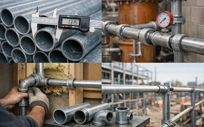 Galvanized steel pipes in various applications including plumbing installation, construction scaffolding, and workshop measurement, showing durable and corrosion-resistant galvanized pipe fittings.-