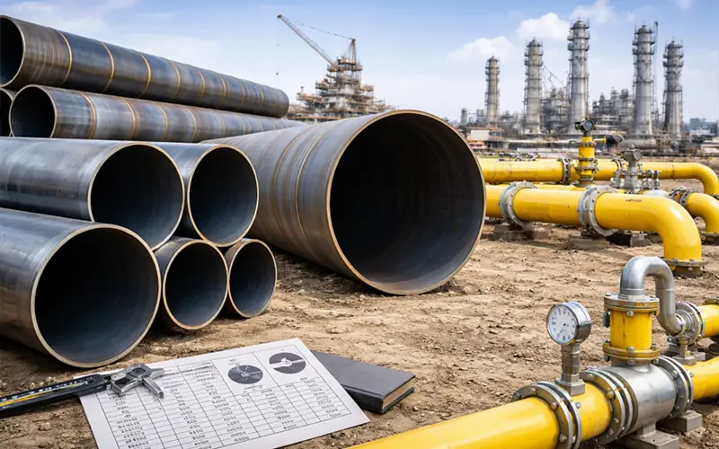 industrial steel pipes including SSAW pipes and gas pipeline system with pressure gauges and pipe size chart on construction site-banner