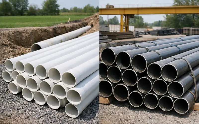 Schedule 20 PVC pipes and steel pipes stacked at a construction site showing material comparison for low-pressure piping applications-banner