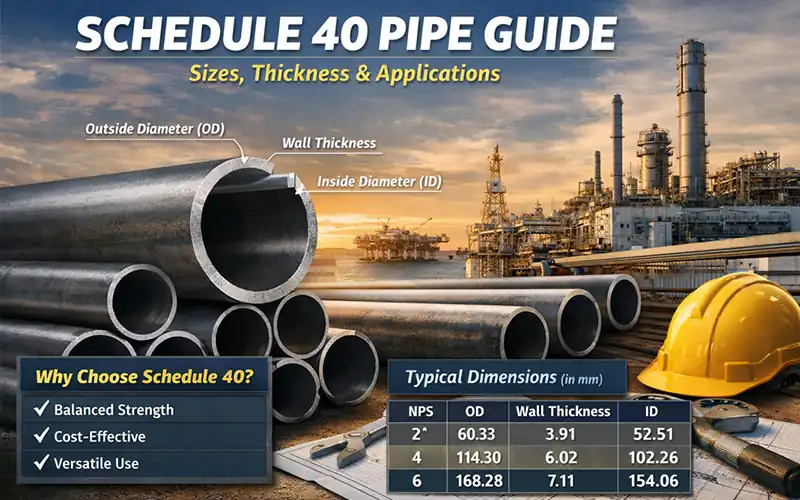 Schedule 40 pipe guide infographic showing wall thickness diagram and dimensions table for NPS 2, 4, and 6 pipes-banner