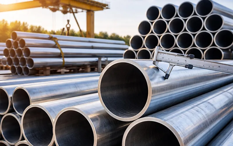 Schedule 40 steel pipe wall thickness measurement using caliper in industrial yard with stacked large diameter pipes