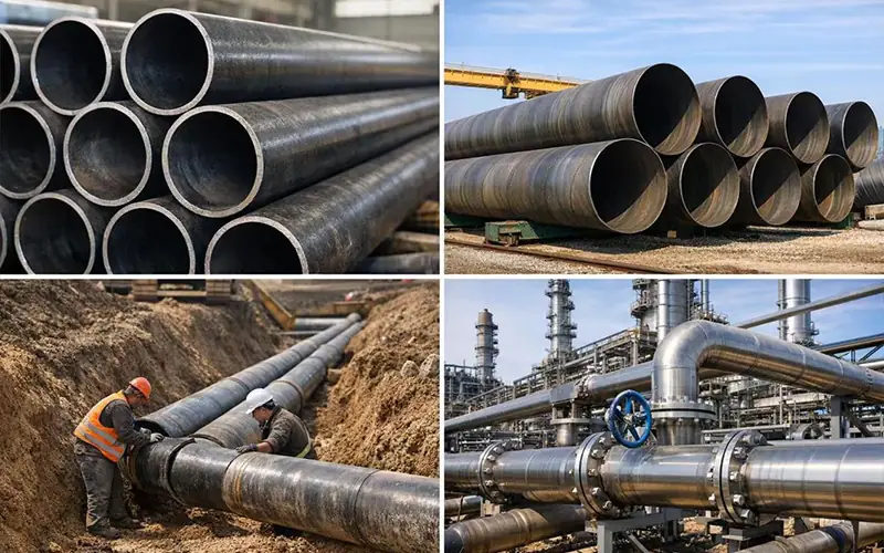 Large-diameter Schedule 40 steel pipes and SSAW steel pipes stacked in an industrial construction site with workers and cranes, showcasing high-quality steel piping for industrial and municipal applications.