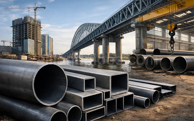 ASTM A500 structural steel pipes in round square and rectangular HSS used for bridge construction high-rise building and industrial warehouse applications-banner